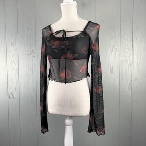 Social Collision Black Rose Mesh Top S Long Sleeve Flare Sleeve‎ Grunge Boho